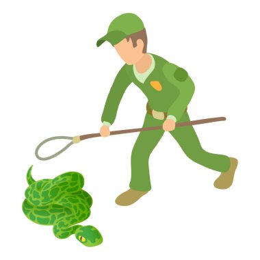 Anaconda icon isometric vector. Young man in uniform near green anaconda icon. Reptile capture, herpetology