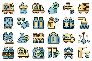 Water carrier icons set outline vector. Drink tank. Pipe truck color line flat isolated on white