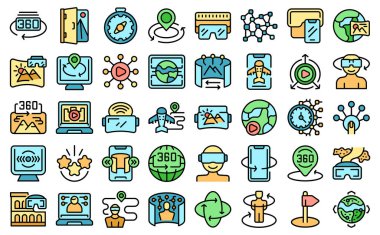 Virtual travel icons set outline vector. Adventure camp. Vr augmented color line flat isolated on white