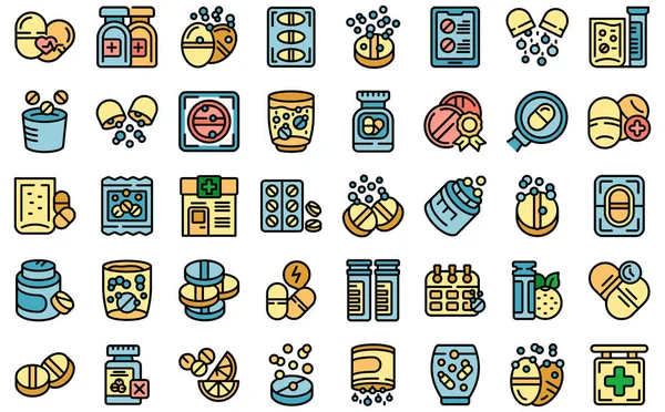 Effervescent Tablets Icons Set Outline Vector Water Pill Cup Drug — 图库矢量图片
