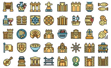 Lisbon icons set outline vector. Portugal castle. Skyline travel color line flat isolated on white