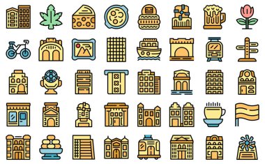 Amsterdam icons set outline vector. Europe house. Facade architecture color line flat isolated on white