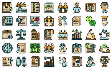Business meeting icons set outline vector. Online video. Call webinar color line flat isolated on white