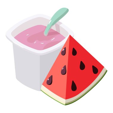 Snack icon isometric vector. Pack of fruit yogurt and red fresh watermelon piece. Food concept, healthy nutrition