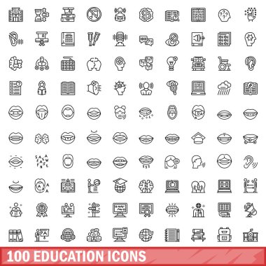 100 eğitim ikonu ayarlandı. Beyaz arkaplanda izole edilmiş 100 eğitim simgesi vektörünün ana hatları