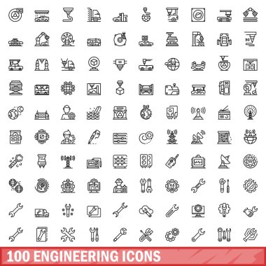 100 mühendislik simgesi ayarlandı. Beyaz arkaplanda izole edilmiş 100 mühendislik simgesi vektörünün taslağı