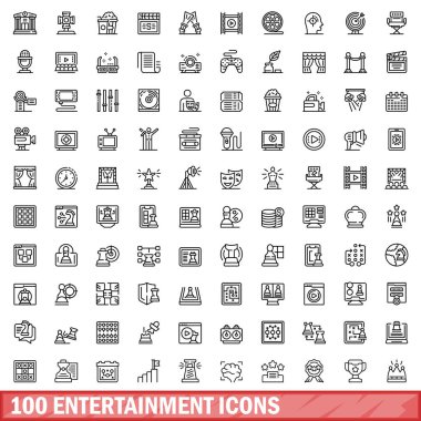 100 eğlence ikonu hazır. Beyaz arkaplanda izole edilmiş 100 eğlence simgesi vektörünün ana hatları
