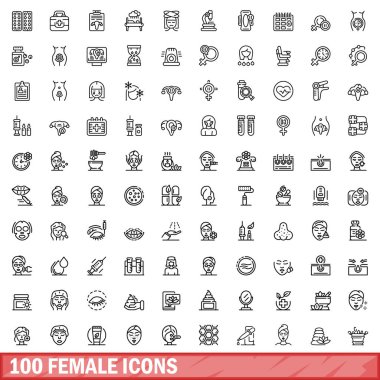 100 kadın ikonu hazır. Beyaz arkaplanda izole edilmiş 100 kadın simge vektörünün taslağı