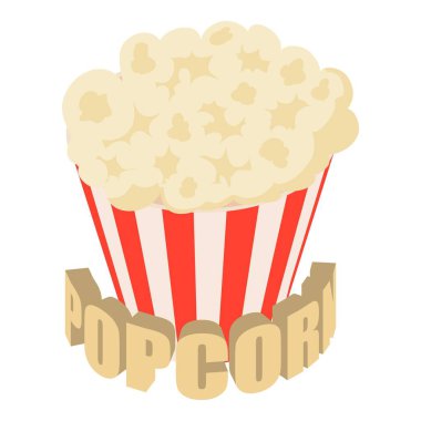 Patlamış mısır ikonu izometrik vektörü. Taze patlamış mısır ikonu dolu klasik çizgili sepet. Patlamış mısır, atıştırmalık.