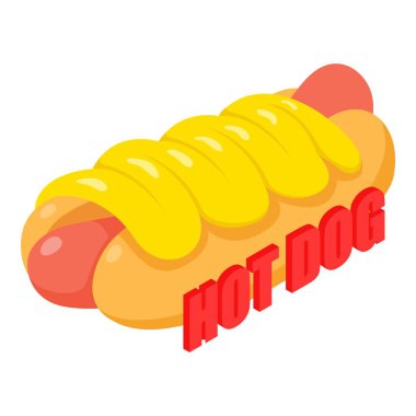 Sosisli ikonu izometrik vektörü. Sosisli ve hardallı taze hazırlanmış sandviç. Fast food, sağlıksız beslenme