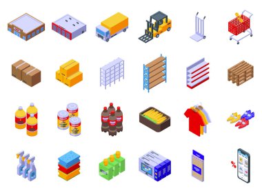 Toptan depolama simgeleri izometrik vektör ayarlandı. Pazar yeri tedarikçisi. Perakende dağıtıcı