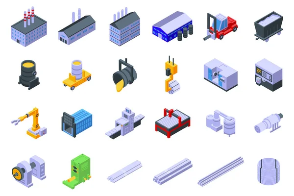 Steel Plant Icons Set Isometric Vector Casting Fire Data Work — 스톡 벡터