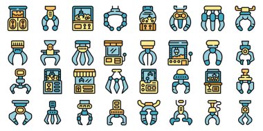 Yakalayıcı simgeleri dış hat vektörünü ayarlayın. Pençe vinci. Beyaz izole edilmiş oyun erişici renk çizgisi