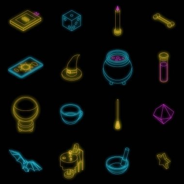 Fortune teller icons set. Isometric set of fortune teller vector icons neon color on black