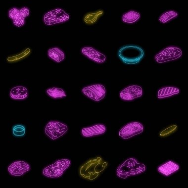 Et simgeleri ayarlandı. Et vektörü simgelerinin Isometric kümesi siyah üzerine neon rengi