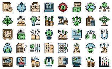 Capital gain icons set outline vector. Economic business. Money raise color flat on white