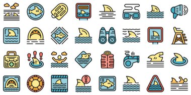 Beware the sharks icons set outline vector. Angry animal. Surf caution color flat on white