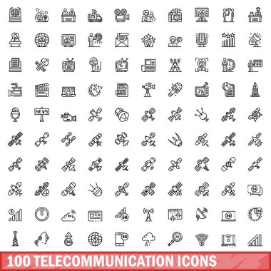 100 telecommunication icons set. Outline illustration of 100 telecommunication icons vector set isolated on white background