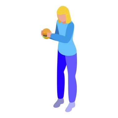 Girl eat burger icon isometric vector. Health disease. Physical fat
