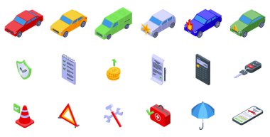 Car insurance icons set isometric vector. Auto accident. Secure vehicle
