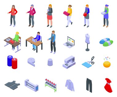 Fashion workshop icons set isometric vector. Factory sewing. Craft production