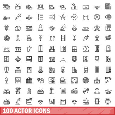100 aktör simgesi ayarlandı. Beyaz arkaplanda izole edilmiş 100 aktör simgesi vektörünün taslağı