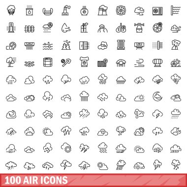 100 klima ayarlandı. Beyaz arkaplanda izole edilmiş 100 hava ikonu vektörünün taslak çizimi
