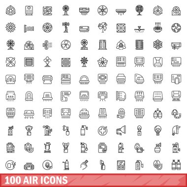 100 klima ayarlandı. Beyaz arkaplanda izole edilmiş 100 hava ikonu vektörünün taslak çizimi
