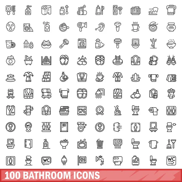 stock vector 100 bathroom icons set. Outline illustration of 100 bathroom icons vector set isolated on white background