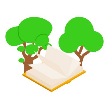 Ekoloji konsepti izometrik vektörü. İki yeşil ağaç ve açık kağıt kitap ikonu. Ekoloji, çevre koruma