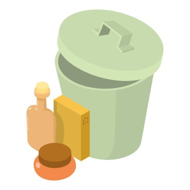 Plastik kirlilik ikonu izometrik vektörü. Çöp kutusunun yanında boş kozmetik ambalaj. Ekoloji kavramı