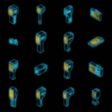 Termal görüntüleme simgeleri ayarlandı. Isometric set termal görüntüleyici vektör simgeleri siyah üzerine neon renk