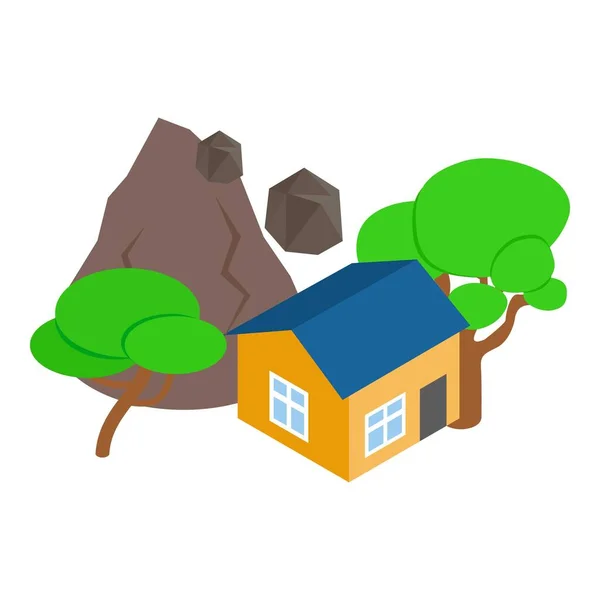 Landslide Icon Isometric Vector Stone Falling Mountain Residential Home Landslip — Stock Vector