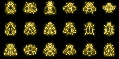 Çeçe sineği simgeleri ana hat vektörünü ayarlar. Tehlikeli bir böcek. Siyah üzerine ev hayvanı neon rengi