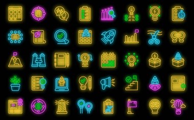 Proje simgelerini başlatma ana hatlarını belirleyin. Roket iticileri. İşletme neon rengini siyah üzerine başlat