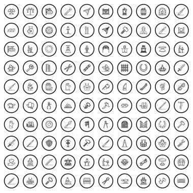 100 zanaat simgesi hazır. Beyaz arkaplanda izole edilmiş 100 zanaat simgesi vektörünün taslağı