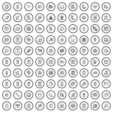 100 diyet ikonu. Beyaz arkaplanda izole edilmiş 100 diyet ikonu vektörünün taslağı