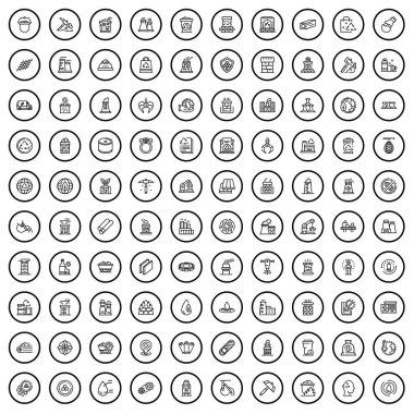 100 fabrika simgesi ayarlandı. Beyaz arkaplanda izole edilmiş 100 fabrika ikonu vektörünün taslağı