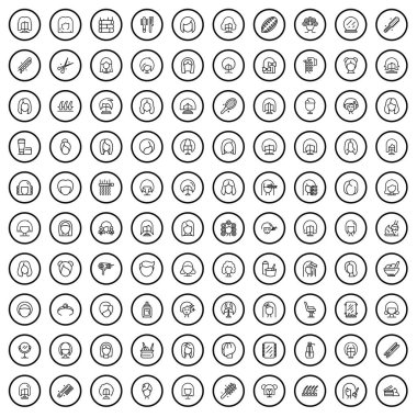 100 saç ikonu. Beyaz arkaplanda izole edilmiş 100 saç ikonu vektörünün taslağı
