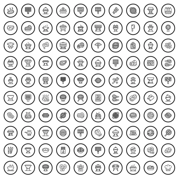 100 Grillsymbole Gesetzt Umriss Illustration Von 100 Grill Symbole Vektor — Stockvektor