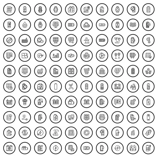 100 Ikon Baterií Obrys Ilustrace 100 Ikon Baterií Vektorové Sady — Stockový vektor