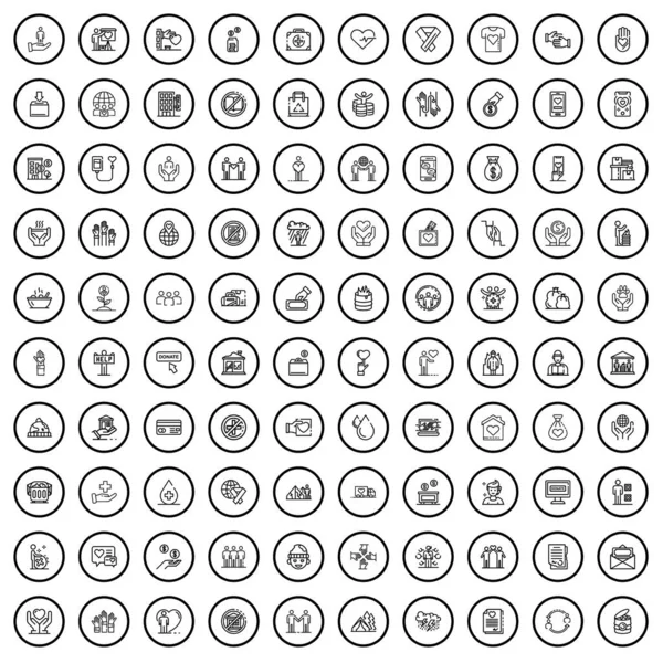 100 Charity Icons Set Outline Illustration 100 Charity Icons Vector — Stock Vector