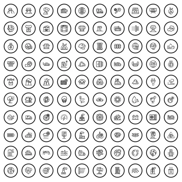 100 Iconos Emisión Establecidos Esquema Ilustración 100 Iconos Emisión Vector — Vector de stock