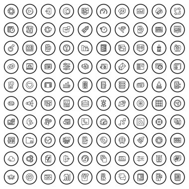 100 internet simgesi ayarlandı. Beyaz arkaplanda izole edilmiş 100 İnternet simgesi vektörünün taslağı