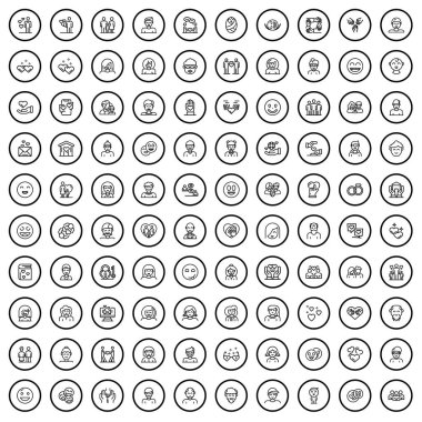 100 kişi simgesi oluşturuldu. Beyaz arkaplanda izole edilmiş 100 kişinin taslak çizimi