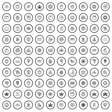 100 bitki simgesi ayarlandı. Beyaz arkaplanda izole edilmiş 100 bitki simgesi vektörünün taslağı