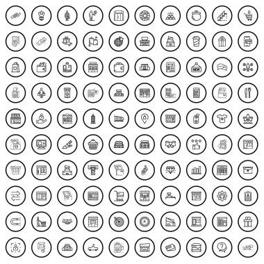 100 dükkan ikonu hazır. Beyaz arkaplanda izole edilmiş 100 dükkan simgesi vektörünün taslağı