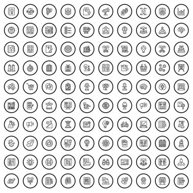 100 başlangıç simgesi ayarlandı. Beyaz arkaplanda izole edilmiş 100 başlangıç simgesi vektörünün taslak çizimi