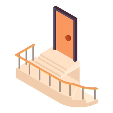 Giriş ikonu izometrik vektörü oluşturuluyor. Korkuluklu ve ön kapılı merdiven. İnşaat ve onarım konsepti