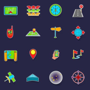 Navigasyon simgeleri, mor arkaplanda gölgesi olan çıkartma toplama vektörünü ayarlar